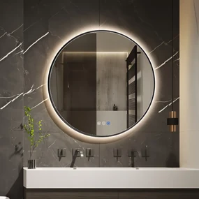 Saniclear Circle Black ronde spiegel met verwarming, direct en indirect licht mat zwart 120cm