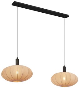 Eettafel / Eetkamer Japandi hanglamp zwart met bruine stoffen kap 2-lichts - BidaJapandi E27 Scandinavisch rond Binnenverlichting Lamp