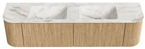 Mondiaz Kurve-dlux 180cm badmeubel ronding links/rechts oak met 2 lades en deuren en wastafel leaf dubbel zonder kraangat frappe