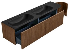 Mondiaz Kurve 175cm badmeubel ronding rechts walnut met 2 lades en 1 deur en wastafel big small dubbel/links 2 kraangaten urban