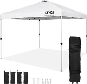 VEVOR Gazebo 304,8x304,8x320cm Tuintent 250D PU Zilver Gecoat Stof Opvouwbare Gazebo inclusief Opbergtas Partytent 6-8 Personen Pop-up Tent Witte Tuingazebo voor Kampeertrip
