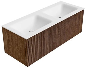 Mondiaz Kurve 120cm badmeubel walnut met 1 lade en wastafel cloud dubbel 2 kraangaten