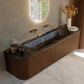 Mondiaz Kurve-dlux 170cm badmeubel ronding links/rechts walnut met 1 lade en 2 deuren en wastafel big large midden zonder kraangat lava