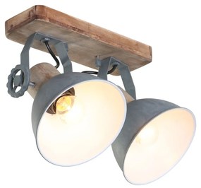Industriële plafondSpot / Opbouwspot / Plafondspot hout met grijs 2-lichts draai- en kantelbaar - Gearwood Industriele / Industrie / Industrial E27 rond Binnenverlichting Lamp