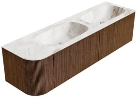 Mondiaz Kurve-dlux 165cm badmeubel ronding links walnut met 2 lades en 1 deur en wastafel stor small dubbel/rechts zonder kraangat frappe