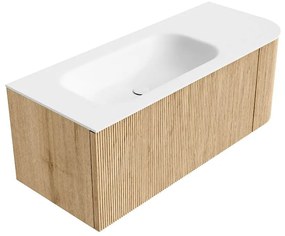 Mondiaz Kurve 115cm badmeubel ronding rechts oak met 1 lade en deur en wastafel big small links zonder kraangat