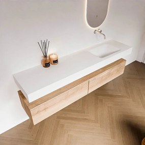 Zaro Alan badmeubel 190cm washed oak 2 lades met vrijhangende wastafel cloud rechts zonder kraangat talc