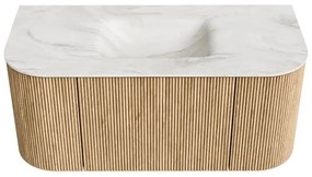 Mondiaz Kurve-dlux 100cm badmeubel ronding links/rechts oak met 1 lade en 2 deuren en wastafel grunne midden zonder kraangat ostra