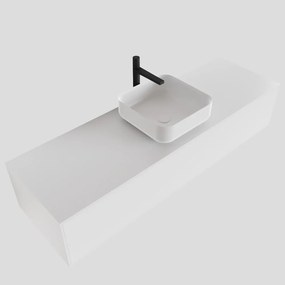 Zaro Lagom volledig naadloos solid surface onderkast met topblad 150cm mat wit met 1 lades Push tot open. Compleet met solid surface opzetkom met 1 kraangat(en)