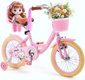 VEVOR Kinderfiets voor 4-7-jarigen, 16-inch racefiets met zijwieltjes, roze, kinderfiets van koolstofstaal voor meisjes, prinsessenstijl, dubbele remmen, verstelbaar zadel, met poppenzitje en mandje voorop