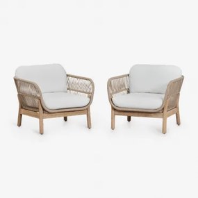 Set Van 2 Fauteuils Van Acaciahout En Gevlochten Touw Karvia Lichte Acaciekleur & Stof Wit - Sklum