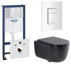 QeramiQ Dely Swirl Toiletset - 36.5x53cm - Grohe Rapid inbouwreservoir - slim zitting - witte bedieningsplaat - rechthoekige knoppen - mat zwart 0720003/0729205/SW1000768/SW1026258