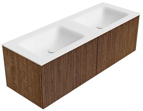 Mondiaz Kurve 130cm badmeubel walnut met 2 lades en wastafel cloud dubbel 2 kraangaten