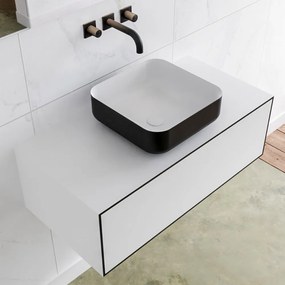 Zaro Lagom volledig naadloos solid surface onderkast met topblad 90cm mat zwart met 1 lades Push tot open. Compleet met solid surface opzetkom met 0 kraangat(en)