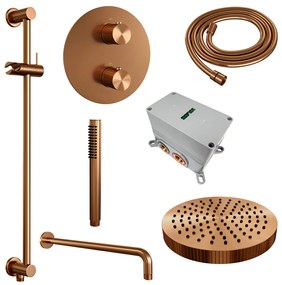 Brauer Stripe inbouw regendouche rond met 25cm hoofddouche, rond met gebogen muurarm, glijstang en staafhanddouche set 44 koper geborsteld PVD