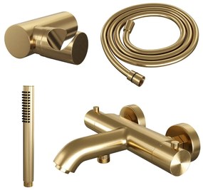 Brauer Gold Edition thermostatische badkraan met wandhouder en staafhanddouche geborsteld messing PVD