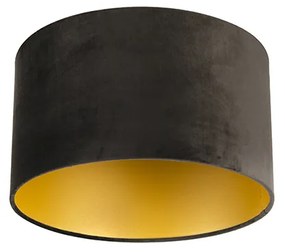 Stoffen Velours lampenkap zwart 35/35/20 met gouden binnenkant cilinder / rond