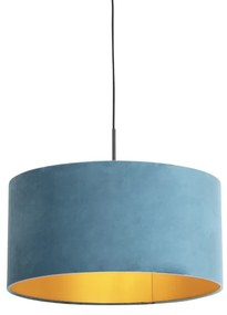 Stoffen Eettafel / Eetkamer Hanglamp met velours kap blauw met goud 50 cm - Combi Landelijk / Rustiek E27 cilinder / rond rond Binnenverlichting Lamp