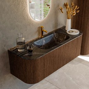 Mondiaz Kurve-dlux 130cm badmeubel ronding links/rechts walnut met 1 lade en 2 deuren en wastafel big small midden 1 kraangat lava