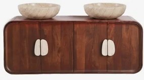 Dubbel Zwevend Badkamermeubelset 130x45 Cm Van Mangohout En Natuurlijke Kivalina-steen Spiegelloze & Zonder Kraan & Travertijn - Donker Mangohout & 2