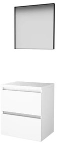 Basic-Line Framed 46 badkamermeubelset - 60x46cm - greeploos - 2 lades - wastafelblad - Spiegel - mat zwart aluminium frame - rondom - MDF lak Ice White 1813495