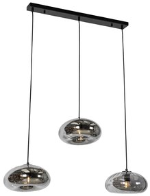 Eettafel / Eetkamer Hanglamp zwart met smoke glas langwerpig 3-lichts - Ayesha Art Deco E27 Binnenverlichting Lamp