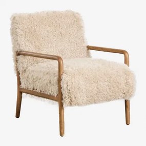 Fauteuil In Rubberhout En Synthetisch Haar Maylene Crème Beige Synthetisch Haar - Sklum