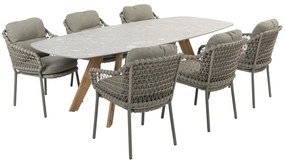4 Seasons Outdoor Jura tuinset olijfgroen met Montana tafel met keramisch terrazzo blad 240 x 103 cm Tuinset taupe weerbestendig