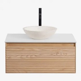 Tedrik Badkamermeubelset In Essenhout Ash Brown & Rond Cement Wit Ø40 Cm Zavion & Spiegelloze & Zwart ↑30 Cm Met Aftapkraan Zonder Overloop Orveta -