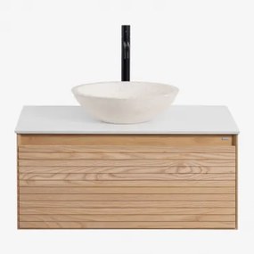Tedrik Zwevend Badkamermeubelset 80x50 Cm In Essenhout Ash Brown & Rond Cement Wit Ø40 Cm Zavion & Spiegelloze & Mat Zwart ?30 Cm Met - Sklum