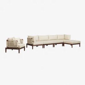 Tuinset Met Modulaire 4-delige Bank Met 2 Hoekfauteuils, Poef En Acaciahouten Fauteuil Giulia Donker Acaciabruin - Sklum