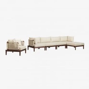 Tuinset Met Modulaire 4-delige Bank Met 2 Hoekfauteuils, Poef En Fauteuil In Acacia Giulia Beige – Crème - Sklum