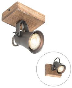 QAZQA Landelijke Spot / Opbouwspot / Plafondspot zwart met hout verstelbaar - Jelle Landelijk GU10 rond Binnenverlichting Lamp