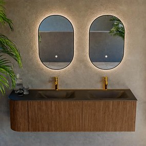 Mondiaz Kurve 155cm badmeubel ronding links walnut met 2 lades en 1 deur en wastafel cloud dubbel/rechts 2 kraangaten urban