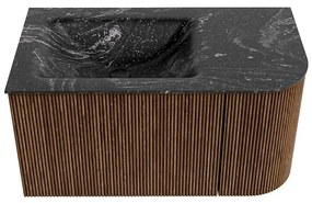 Mondiaz Kurve-dlux 85cm badmeubel ronding rechts walnut met 1 lade en deur en wastafel cloud links zonder kraangat lava