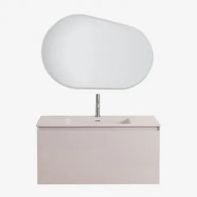 Macrae Zwevend Houten Badkamermeubelset Met Geïntegreerde Wastafel Beige – Linnen & Ovaal Led En Anticondens 100x80 Cm Riben & Geborsteld Grijs ↑20 Cm