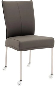 Goossens Eetkamerstoel Funk RVS Poten grijs leer leuning en Transparant skater wiel met rvs kapmet wielen, modern design