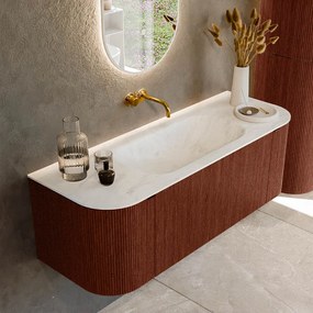 Mondiaz Kurve-dlux 130cm badmeubel ronding links/rechts ruby met 1 lade en 2 deuren en wastafel big small midden zonder kraangat opalo
