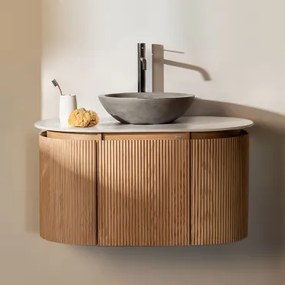 Carsone Hangend Badkamermeubelset Van Hout Natuurlijk Hout & Zonder Extra Eenheid & Rond Grijs Cement Ø40 Cm Tarsis & Spiegelloze & Mat - Sklum