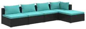 vidaXL 5-delige Loungeset met kussens poly rattan zwart