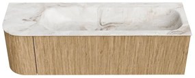 Mondiaz Kurve-dlux 145cm badmeubel ronding links oak met 1 lade en deur en wastafel big large kraangat rechts frappe