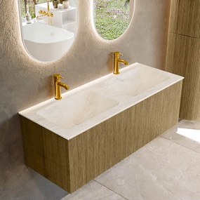 Mondiaz Kurve-dlux 120cm badmeubel dusk met 1 lade en wastafel leaf dubbel 2 kraangaten ostra