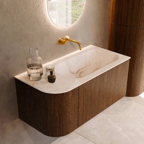 Mondiaz Kurve-dlux 95cm badmeubel ronding links dusk met 1 lade en deur en wastafel big small rechts zonder kraangat frappe