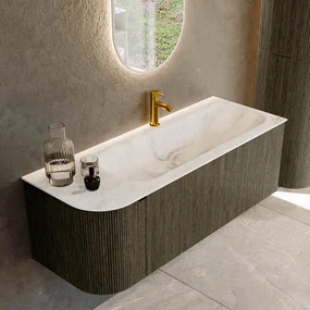 Mondiaz Kurve-dlux 125cm badmeubel ronding links shadow met 1 lade en deur en wastafel big medium kraangat rechts frappe
