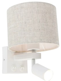 Wandlamp wit met leeslamp en kap 18 cm lichtgrijs - Brescia