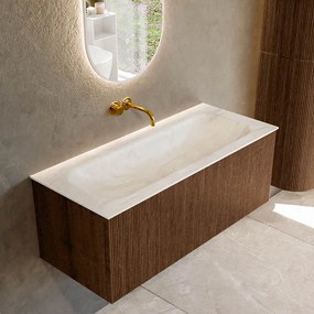 Mondiaz Kurve-dlux 110cm badmeubel walnut met 1 lade en wastafel big medium midden zonder kraangat ostra