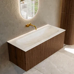 Mondiaz Kurve-dlux 110cm badmeubel walnut met 1 lade en wastafel big medium midden zonder kraangat ostra