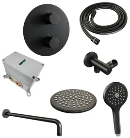 Brauer Black Carving thermostatische inbouw regendouche met 3 standen handdouche, gebogen muurarm en hoofddouche 20cm set 81 zwart mat