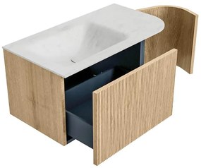 Mondiaz Kurve-dlux 85cm badmeubel ronding rechts oak met 1 lade en deur en wastafel cloud links zonder kraangat opalo
