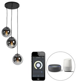Smart hanglamp zwart met smoke glas 3-lichts incl. Wifi ST64 - Pallon Art Deco E27 bol / globe / rond Binnenverlichting Lamp